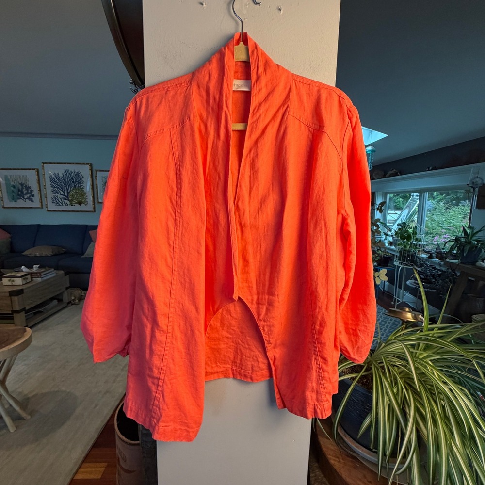 Chico's Linen Jacket Womens 3 Orange Open Front Coastal Grandma Summer Layering - Picture 2 of 4